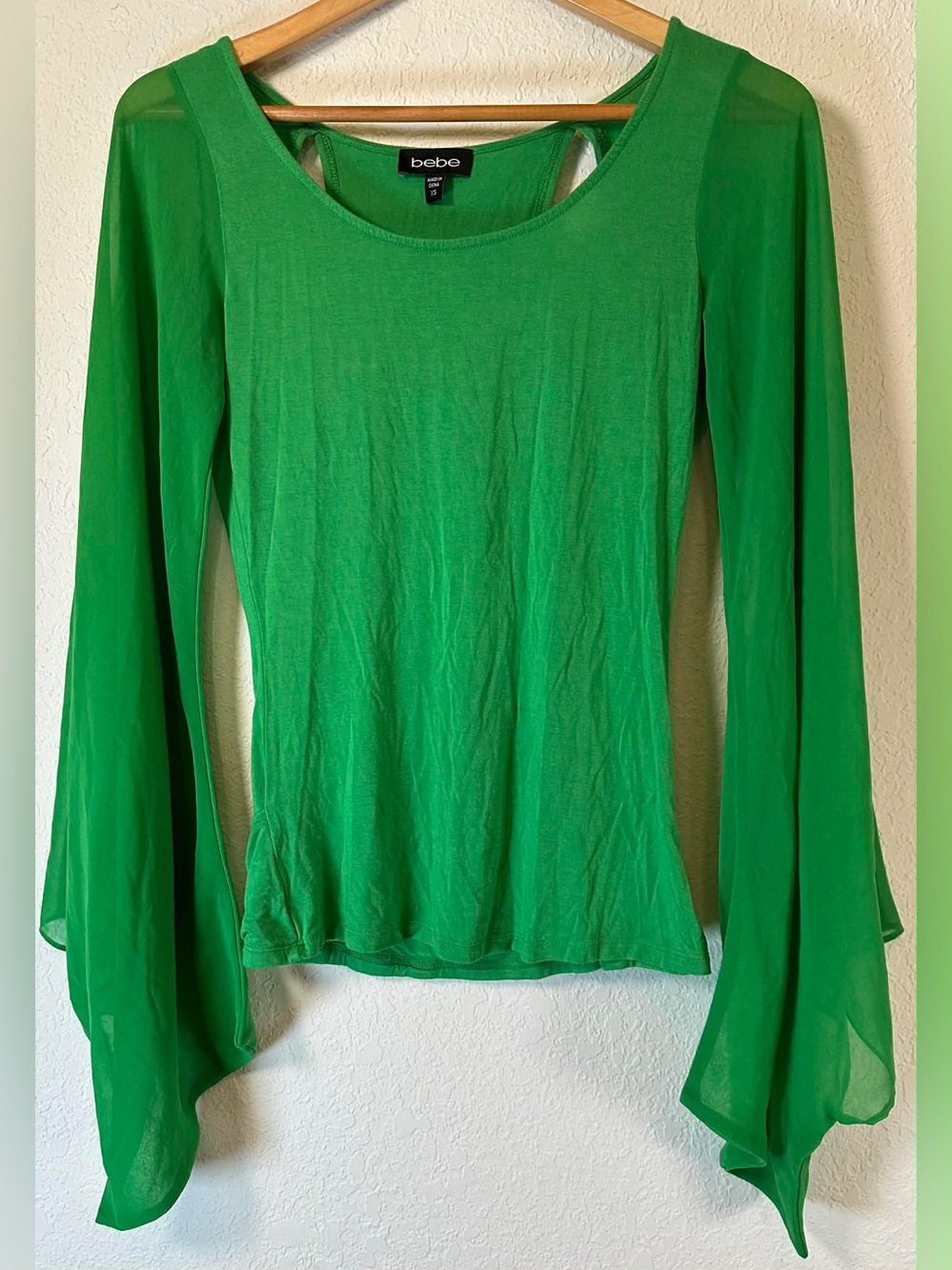 bebe Bright Green Sheer Drape Sleeve Top